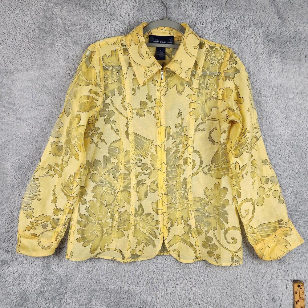 Vintage Susan Graver Blouse Womens Small Yellow Floral Sheer Full Zip Front Top